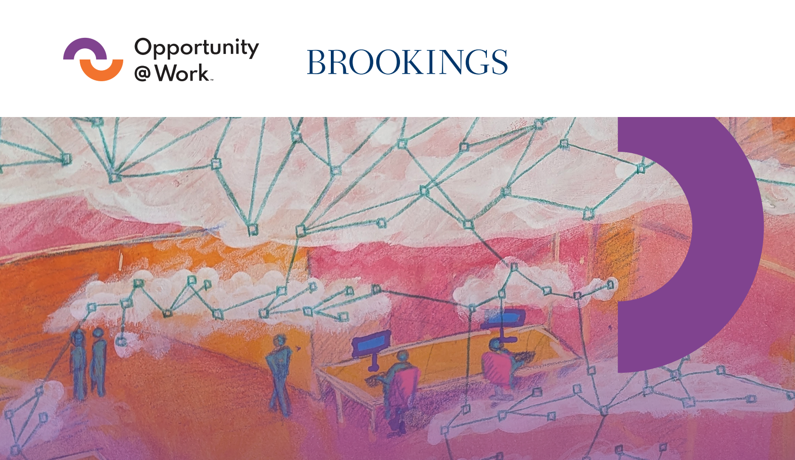 Illustration of networked workers and job pathways from the Brookings × Opportunity@Work brief
